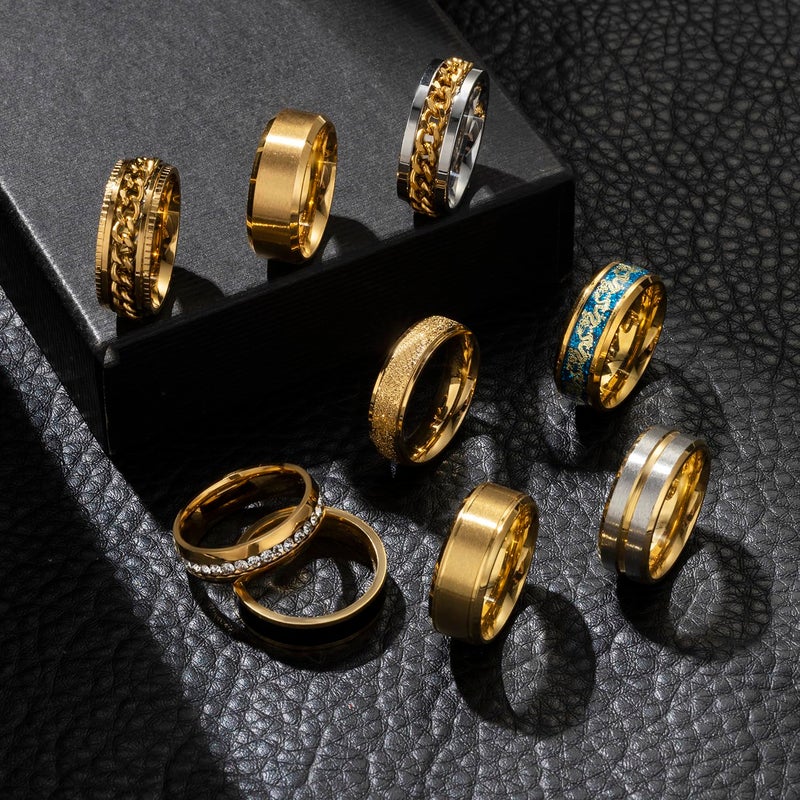 EIELO 9Pcs Stainless Steel Band Rings for Men Women Cool Fidget Spinning Chain Ring Anxiety Relief Fashion Simple Wedding Engagement Golden Ring Set Size11 - Image 3