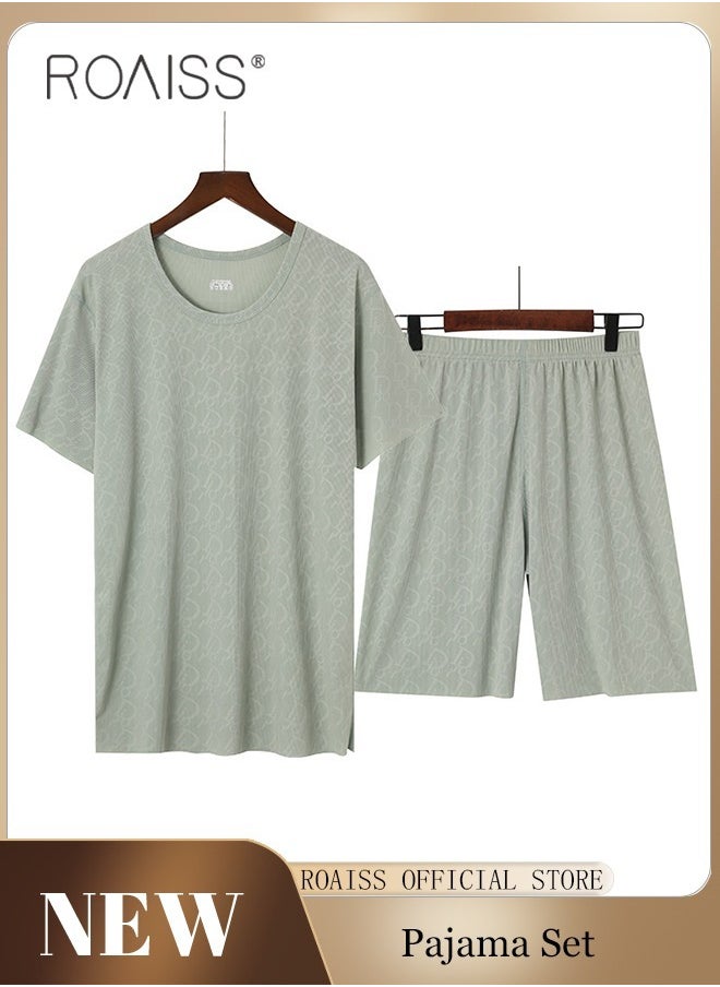 roaiss - Mens Sleepwear Summer Ice Silk Short Sleeves Pajamas Set Casual Loungewear Pajamas for Man Pullover - Image 1