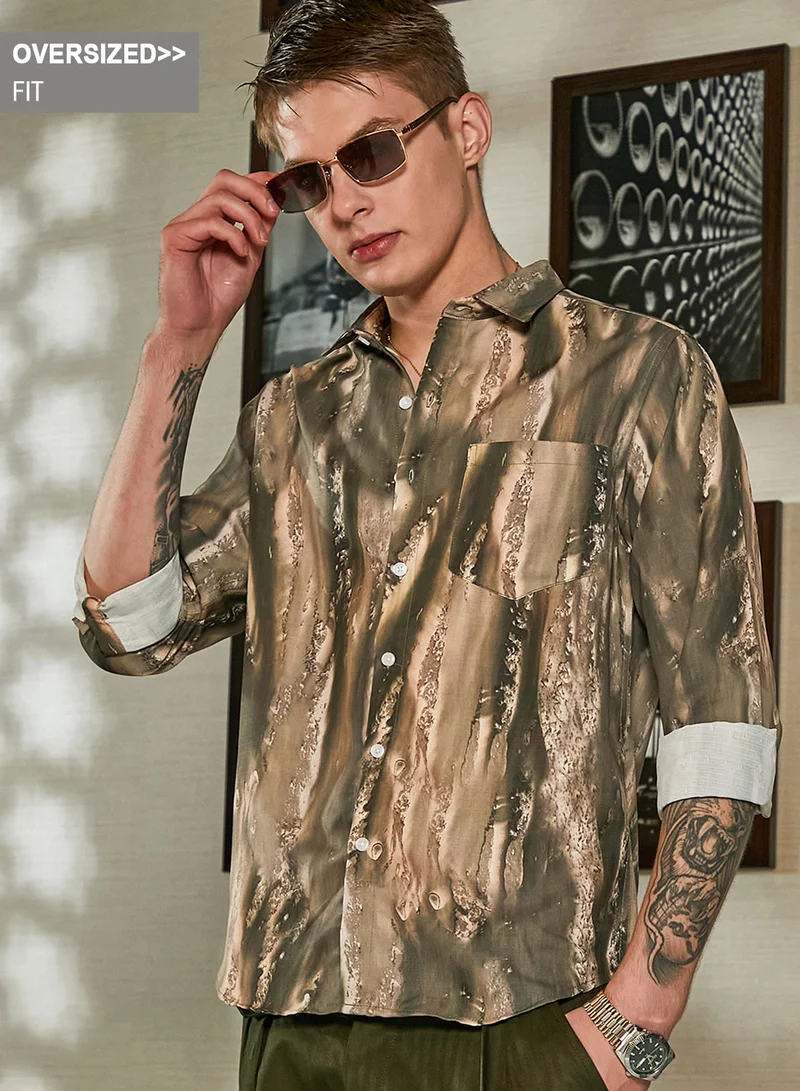 Campus Sutra Campus Sutra Men's Pickle Green Earthy Oversized Shirt For Casual Wear | Spread Collar | Long Cuffed Sleeves | Button Closure | Oversized Shirt Crafted With Comfort Fit For Everyday Wear