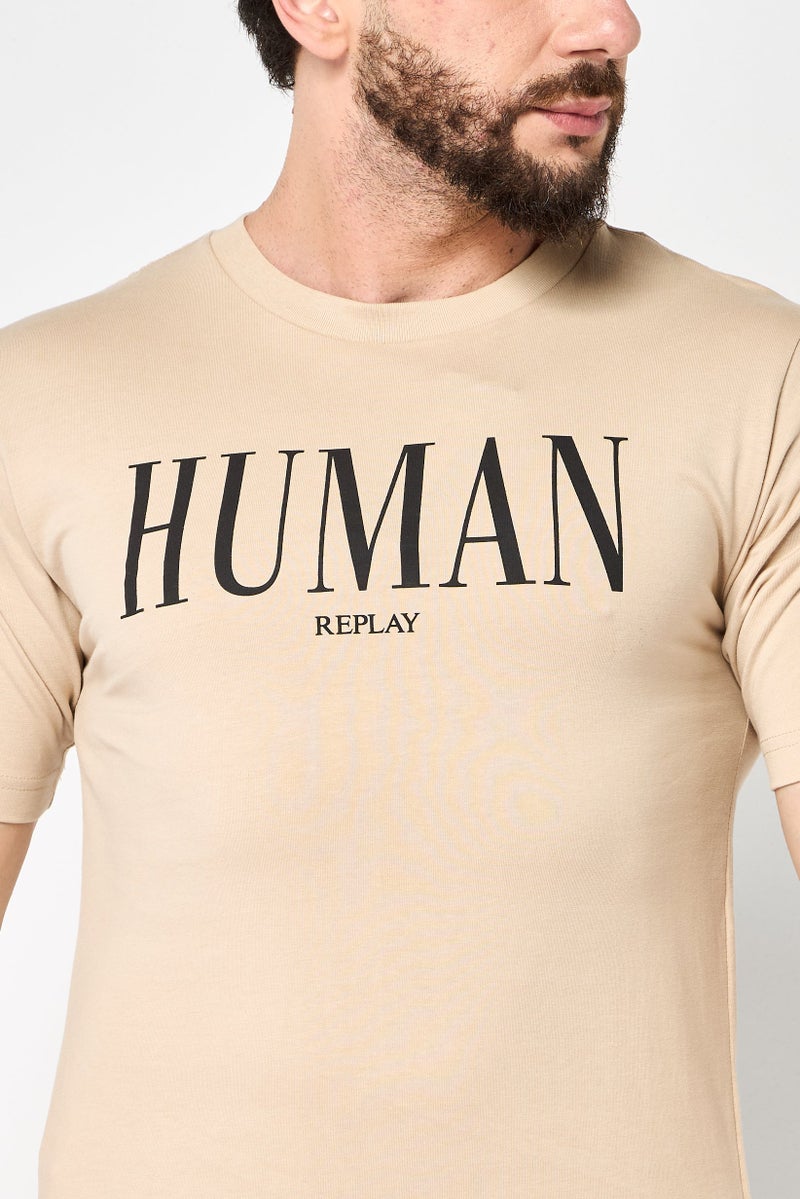 Replay Men Crew Neck Short Sleeves Graphic Print T-Shirt, Beige - Image 3