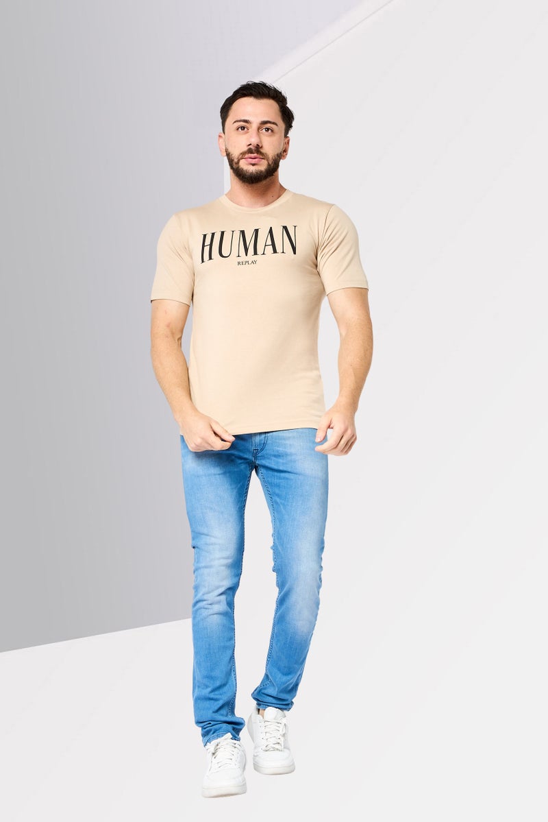 Replay Men Crew Neck Short Sleeves Graphic Print T-Shirt, Beige - Image 2