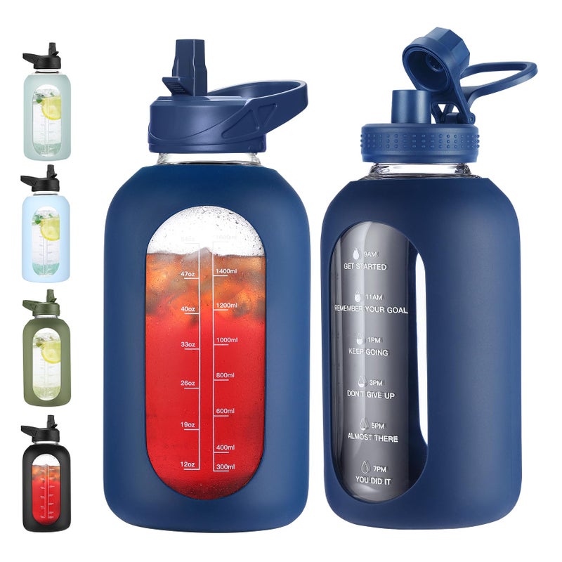EALGRO 64 oz Glass Water Bottle With Straw and Handle, Half Gallon Sports Motivational Water Jug Flask with Silicone Sleeve, Large Water Cup with Time Marker for Travel, Gym, Navy - Image 1
