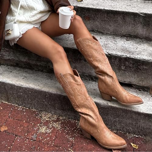 Rollda Cowboy Boots for Women Cowgirl Boots Embroidered Knee-High Western Boots Pointy Toe with Chunky Heel Tan Size 7 - Image 4