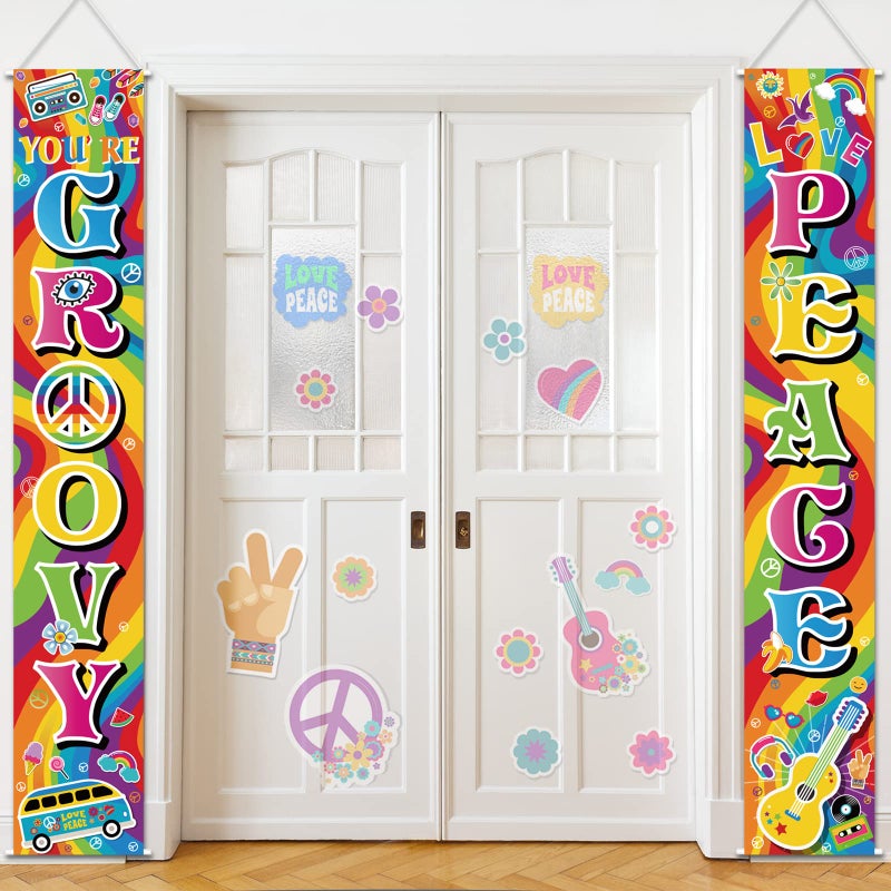 Blulu Blulu 60s Party Scene Setters Hippie Wall Decoration 60s Porch Sign Groovy Party Door Sign for 1980s Theme Rock Star Birthday Decoration Rainbow Backdrop Photo Props