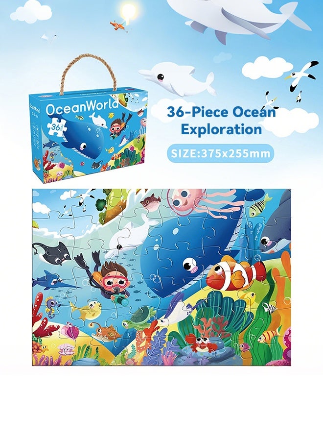 36-Piece Ocean World Jigsaw Puzzle for Kids, Educational Underwater Animal Puzzle Toy with Gift Box, Large Size 375x255mm, Ocean Exploration Learning Game for Toddlers - Image 1