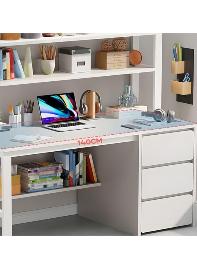 AIWANTO Extra Large Space Computer Table with 3 Tier Shelves & 3 Drawers for Home Office Desks & Workstations,Study Desk, Gaming Table Student Learning Reading Desk (WHITE-140CM) - Image 3