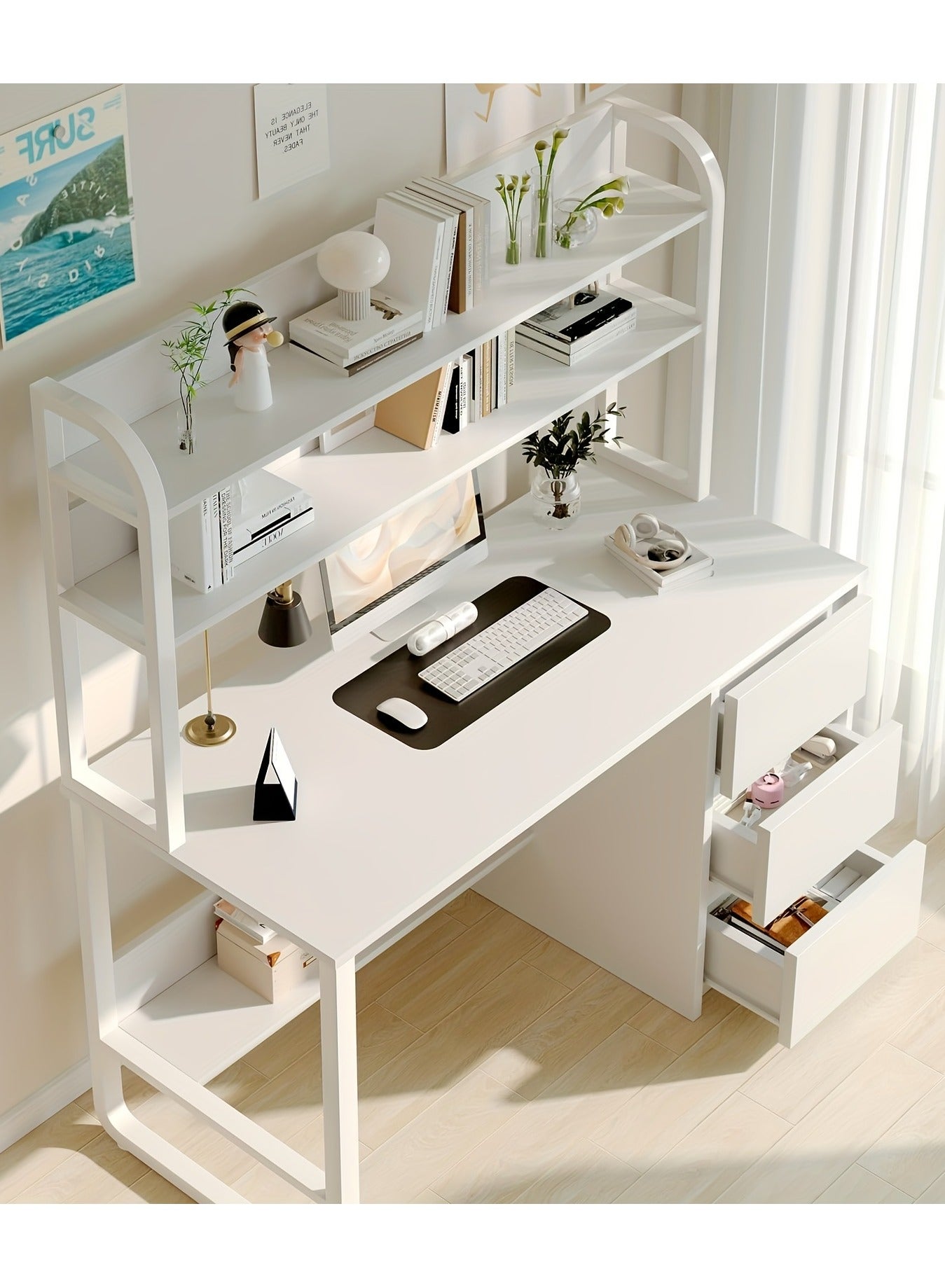 Extra Large Space Computer Table with 3 Tier Shelves & 3 Drawers for Home Office Desks & Workstations,Study Desk, Gaming Table Student Learning Reading Desk (WHITE-140CM)