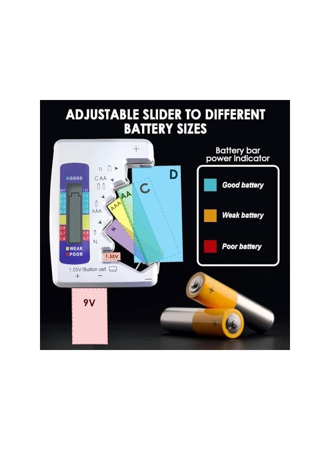 promass Battery Tester, Universal Battery Checker with LCD Display, Multi Purpose Small Digital Battery Checker for AA AAA C D N 9V 6F22 and 1.5V Button Cell Batteries - Image 2