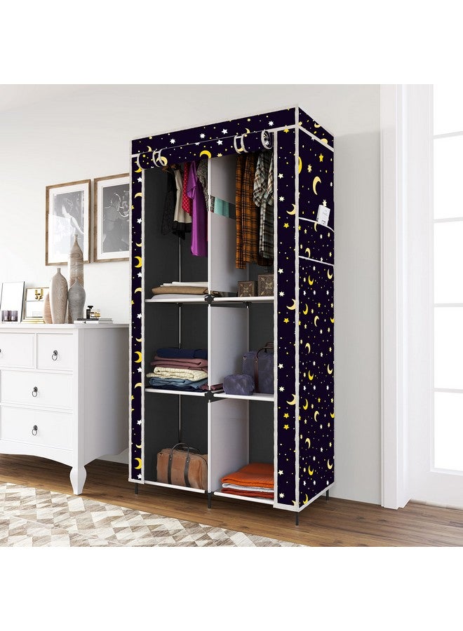 Whitecloud TRANSFORMING HOMES® Printed Collapsible Wardrobe Almira with 6 Shelves, 2 Hanging Space, 1 Side Pocket Non-Woven Fabric 100 GSM (2003-5) (Moon Star Grey) - Image 1
