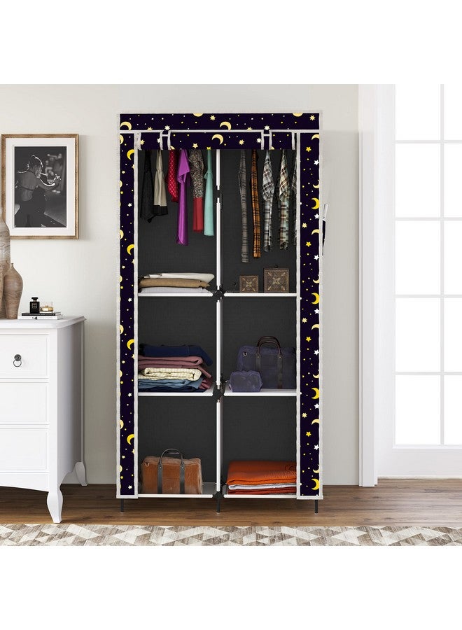Whitecloud TRANSFORMING HOMES® Printed Collapsible Wardrobe Almira with 6 Shelves, 2 Hanging Space, 1 Side Pocket Non-Woven Fabric 100 GSM (2003-5) (Moon Star Grey) - Image 2