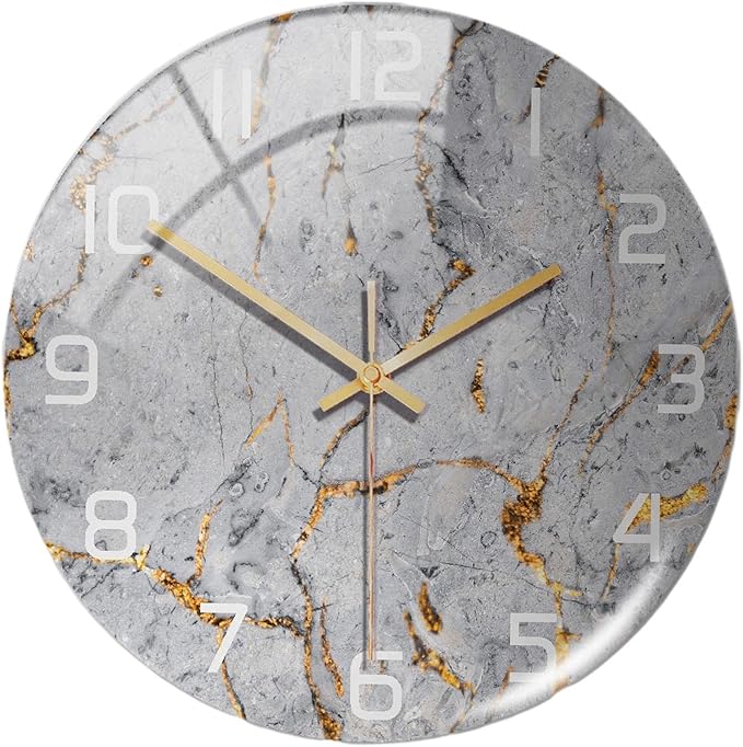 Silent Gray Marble Pattern Round Wall Clock Battery Operated For Bedroom Living Room Office - Image 1