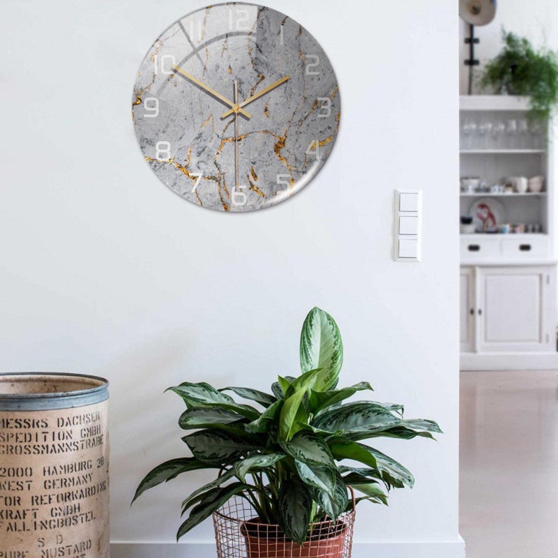 Silent Gray Marble Pattern Round Wall Clock Battery Operated For Bedroom Living Room Office - Image 4
