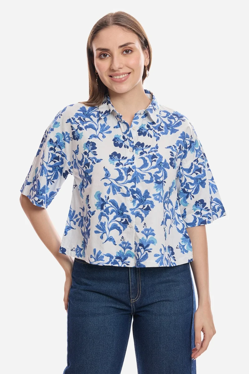 فيرجيو Floral Cotton Boxy Fit Cropped Shirt for Women