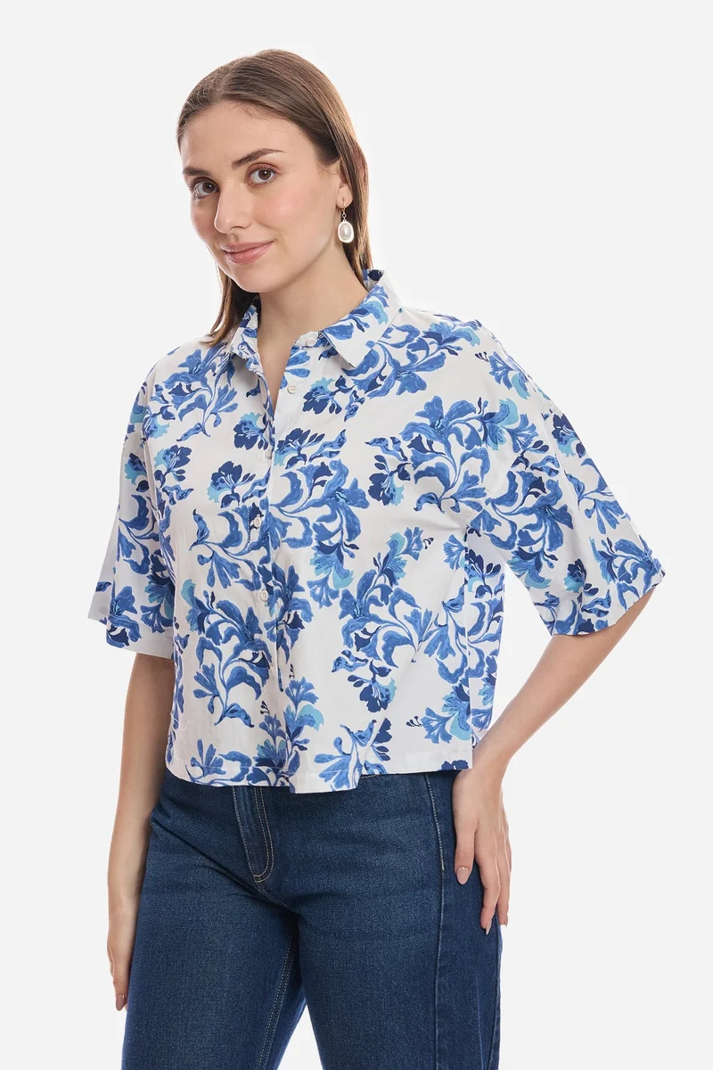 Virgio  Floral Cotton Boxy Fit Cropped Shirt for Women for Women | Best Price UAE
