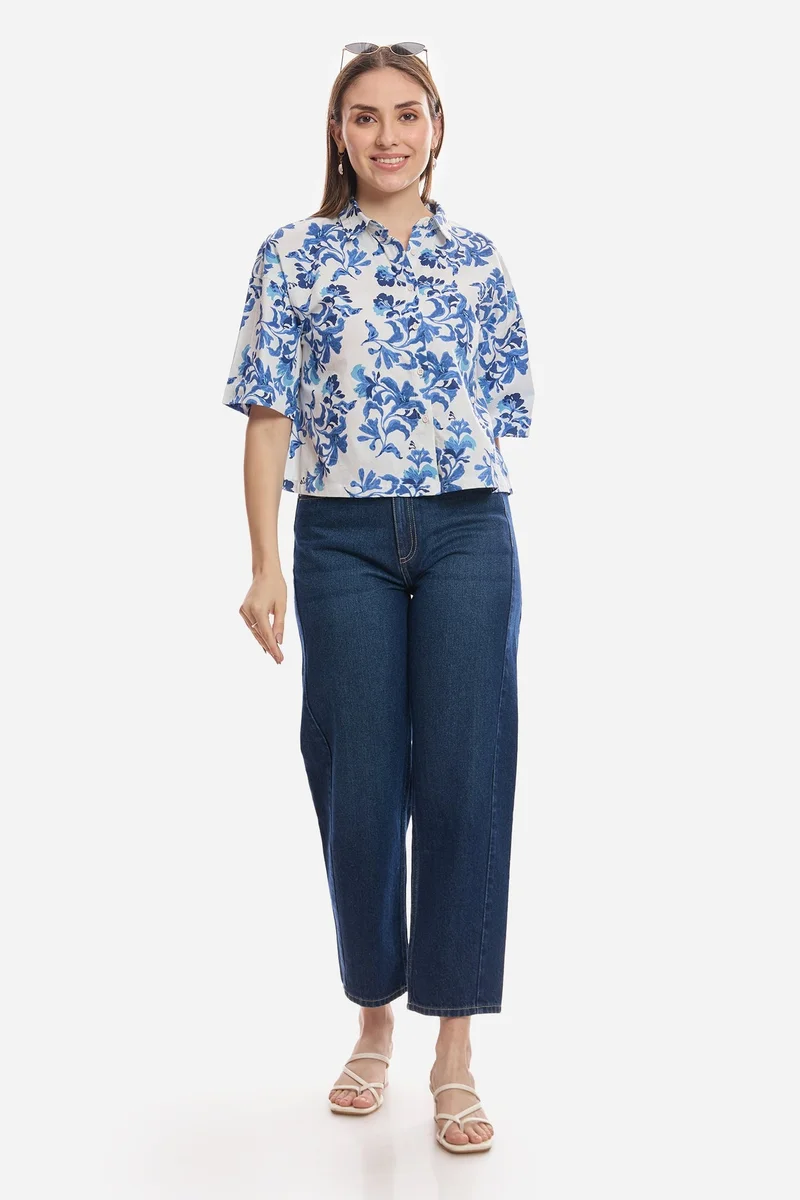 فيرجيو Floral Cotton Boxy Fit Cropped Shirt for Women