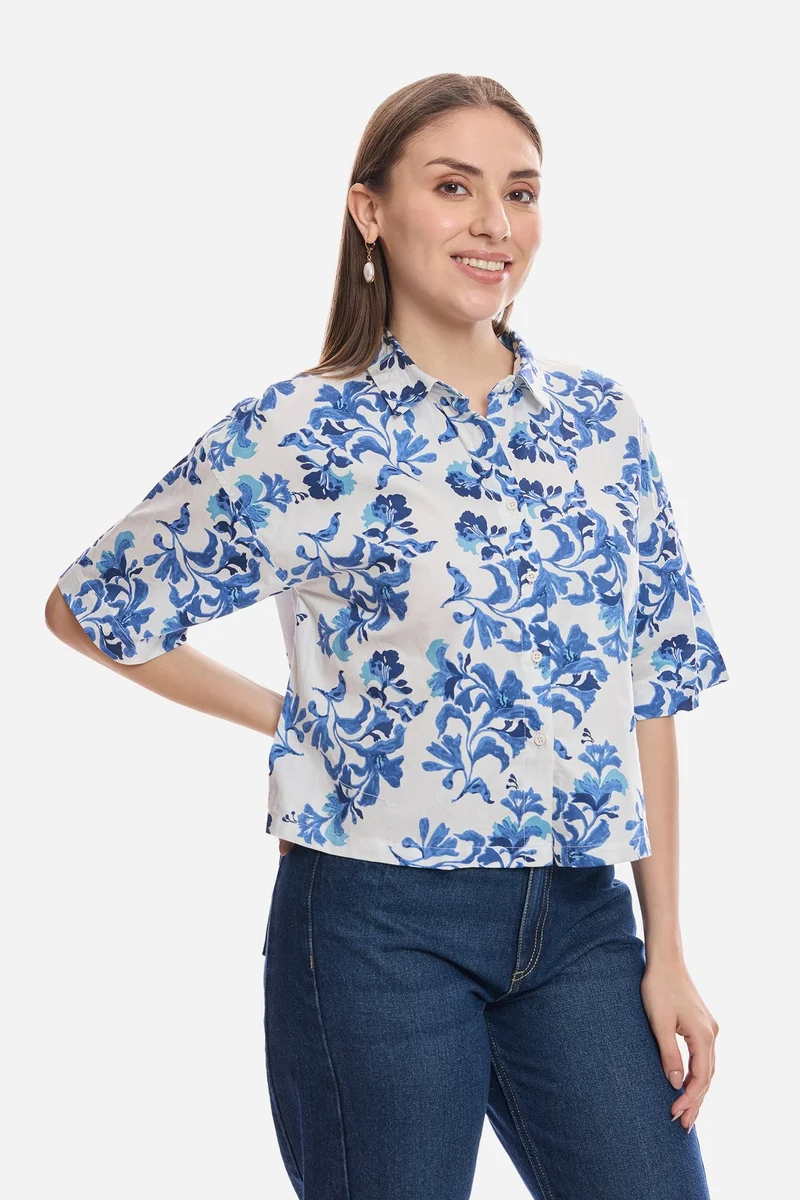Virgio  Floral Cotton Boxy Fit Cropped Shirt for Women for Women | Best Price UAE