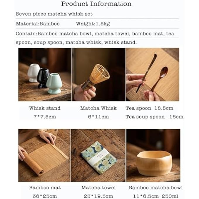 rayihni Japanese Matcha Tea Ceremony Set 7Piece Traditional Kit With Bamboo Whisk Chasen Matcha Bowl Scoop Chashaku Whisk Holder Spoon Mat  Towel Complete Gift Set - Image 4