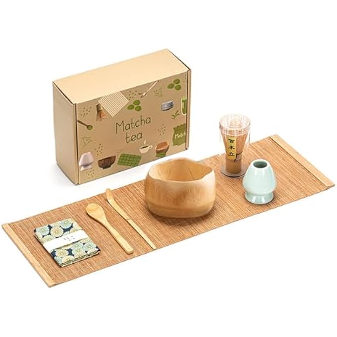 rayihni Japanese Matcha Tea Ceremony Set 7Piece Traditional Kit With Bamboo Whisk Chasen Matcha Bowl Scoop Chashaku Whisk Holder Spoon Mat  Towel Complete Gift Set - Image 2