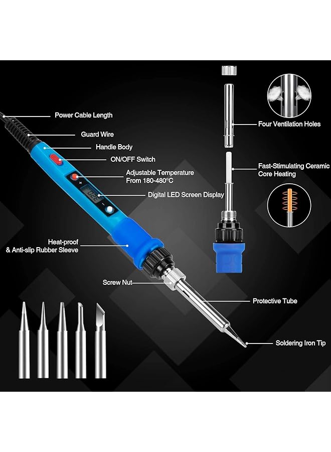 erorex Soldering Iron Kit Electronics 60W Adjustable Temperature Soldering Iron 5Pcs Soldering Iron Tips Solder Rosin Solder Wick Stand And Other Soldering Kits In Portable Toolbox - Image 2