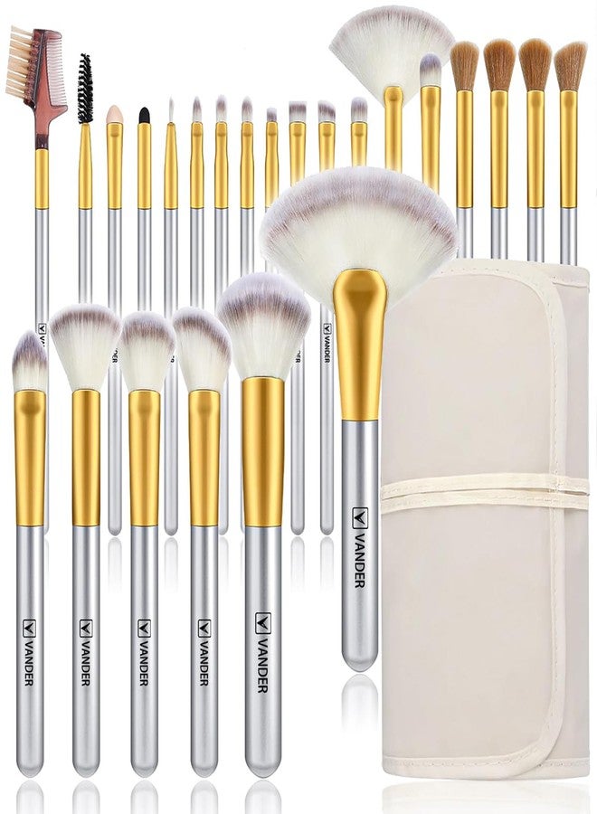 VANDER Makeup Brushes, 24Pcs Premium Synthetic Fiber&Wooden Handle Travel Makeup Brush Set, Foundation Powder Concealers Eye Shadows Blush Make up Brushes for Women, Girl, with Cosmetic Bag, Champagne - Image 1