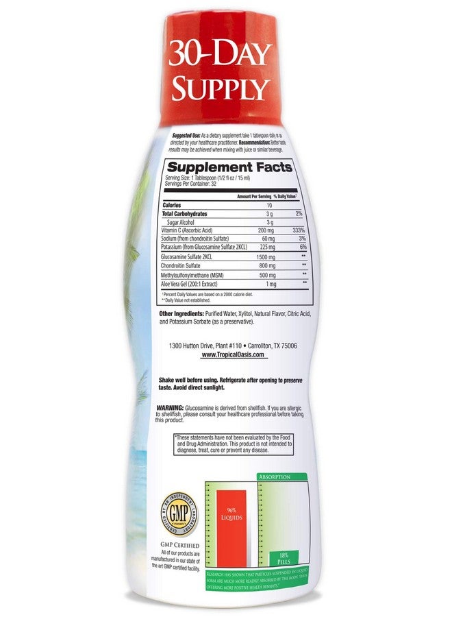 Tropical Oasis Premium Liquid Glucosamine Chondroitin  Msm Joint Support Formula Concentrated Liquid For Max Absorption Clear 16 Fl Oz - Image 2