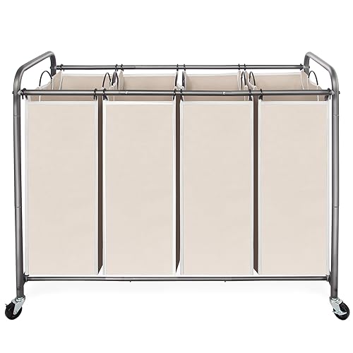 STO STO Laundry Sorter 4 Section, 4 Bag Clothes Hamper, Rolling Laundry Cart Basket with Heavy Duty Lockable Wheels and Removable Bag for Laundry Room, Bedroom, Closet, Beige - Image 1