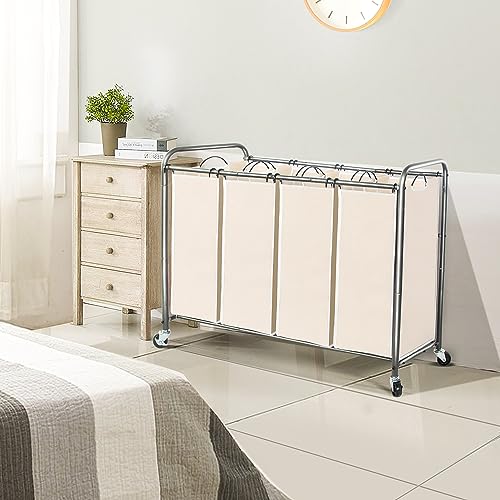 STO STO Laundry Sorter 4 Section, 4 Bag Clothes Hamper, Rolling Laundry Cart Basket with Heavy Duty Lockable Wheels and Removable Bag for Laundry Room, Bedroom, Closet, Beige - Image 2