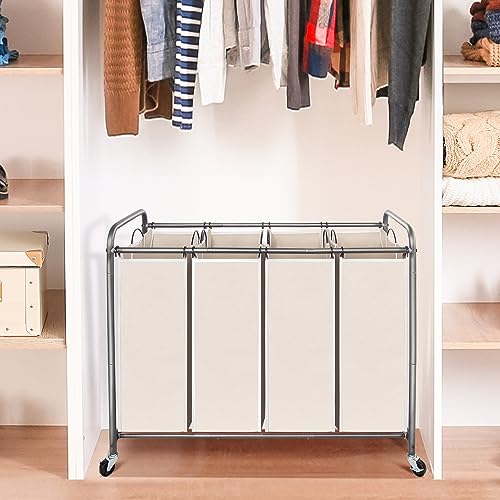 STO STO Laundry Sorter 4 Section, 4 Bag Clothes Hamper, Rolling Laundry Cart Basket with Heavy Duty Lockable Wheels and Removable Bag for Laundry Room, Bedroom, Closet, Beige - Image 3