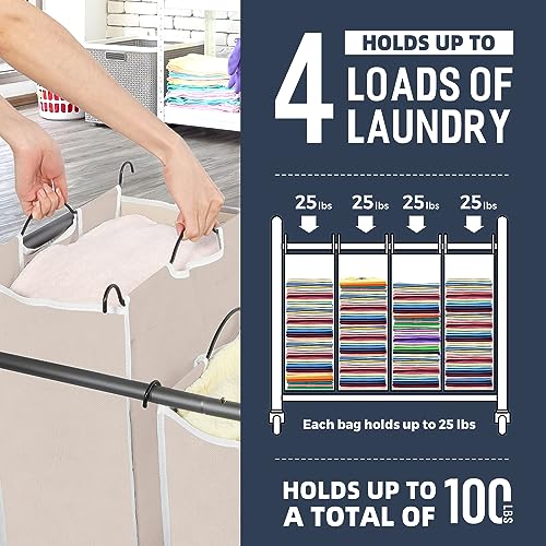 STO STO Laundry Sorter 4 Section, 4 Bag Clothes Hamper, Rolling Laundry Cart Basket with Heavy Duty Lockable Wheels and Removable Bag for Laundry Room, Bedroom, Closet, Beige - Image 4