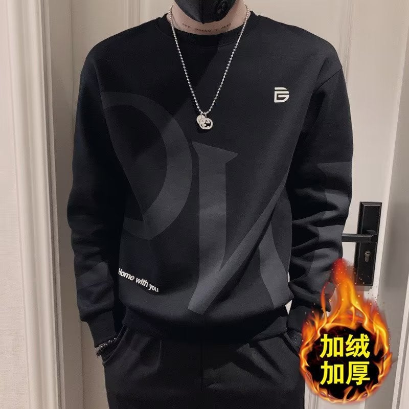 Autumn Mens Sweat Stitching Trendy Loose Long-sleeved Top Lazy Harajuku High-end Hong Kong Fashion Black