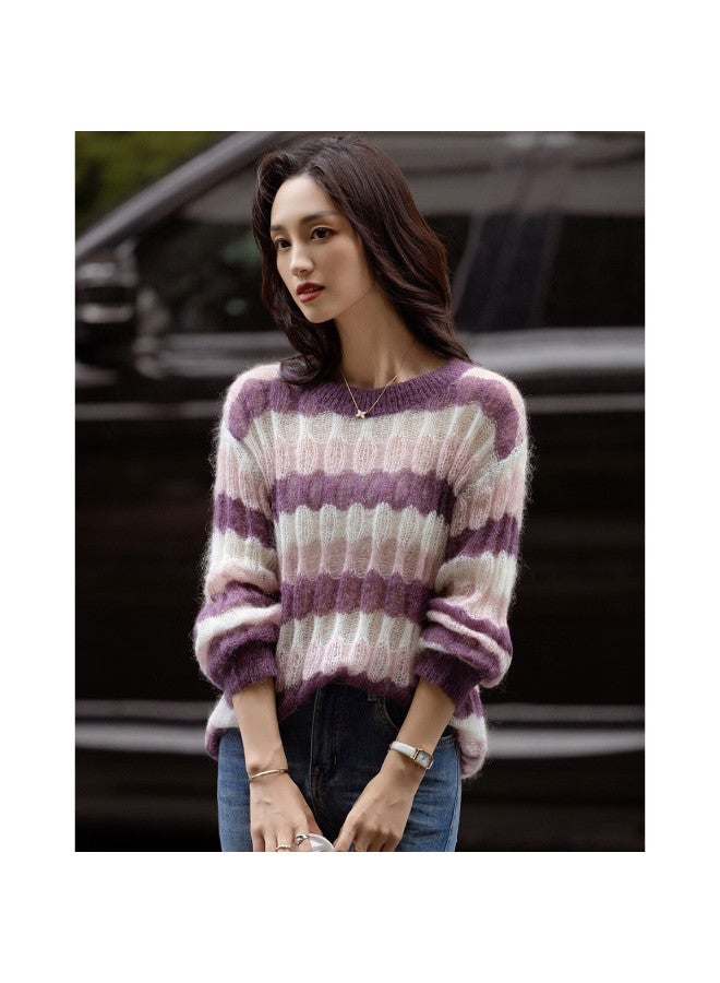 Dme "blue Sky" Spring Sheep Wool Mohair Blend Hollow Crochet Stripe Women's Knit Sweater - Image 4