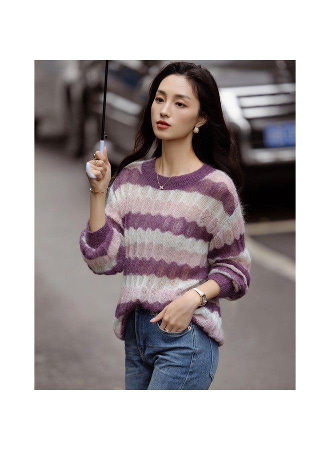 Dme "blue Sky" Spring Sheep Wool Mohair Blend Hollow Crochet Stripe Women's Knit Sweater - Image 5