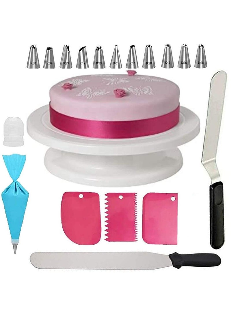 BAKING SET Baking Set Cake Making Turn Table 12 Steel Nozzles Coupler with Piece Frosting Piping Bag 2Pcs Icing Spatula Set and 3 Pieces of Dough Scrapper Cake Decoration Tools and Accessories  - Image 1