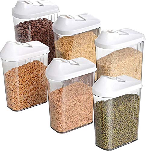 Denique Plastic Kitchen Storage Box for Cereal Spices and Pulses storage container set with lid rice dal namkin 750ml 125 x 72 x 165 Cm Clear and White Pack of 6