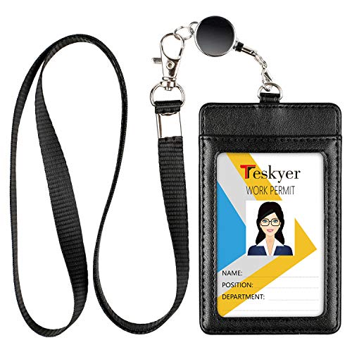 Teskyer Leather Badge Holder with Lanyard and Badge Reel, Retractable Lanyard ID Card Holder for Office School Name Work IDs, Black - Image 1