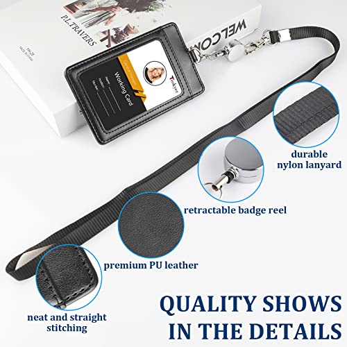 Teskyer Leather Badge Holder with Lanyard and Badge Reel, Retractable Lanyard ID Card Holder for Office School Name Work IDs, Black - Image 3