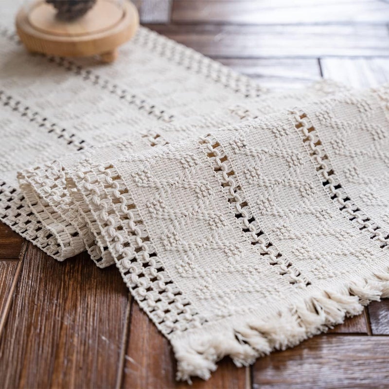 Cream Beige Boho Macrame Table Runner with Tassels, Hand Woven Cotton, 12x71in - Image 1