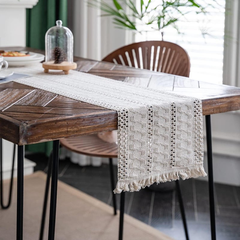 Cream Beige Boho Macrame Table Runner with Tassels, Hand Woven Cotton, 12x71in - Image 3