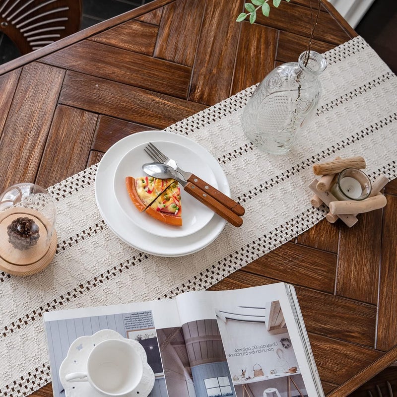 Cream Beige Boho Macrame Table Runner with Tassels, Hand Woven Cotton, 12x71in - Image 2