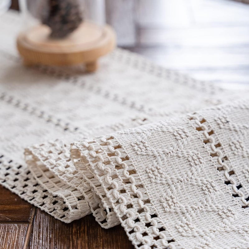 Cream Beige Boho Macrame Table Runner with Tassels, Hand Woven Cotton, 12x71in - Image 5