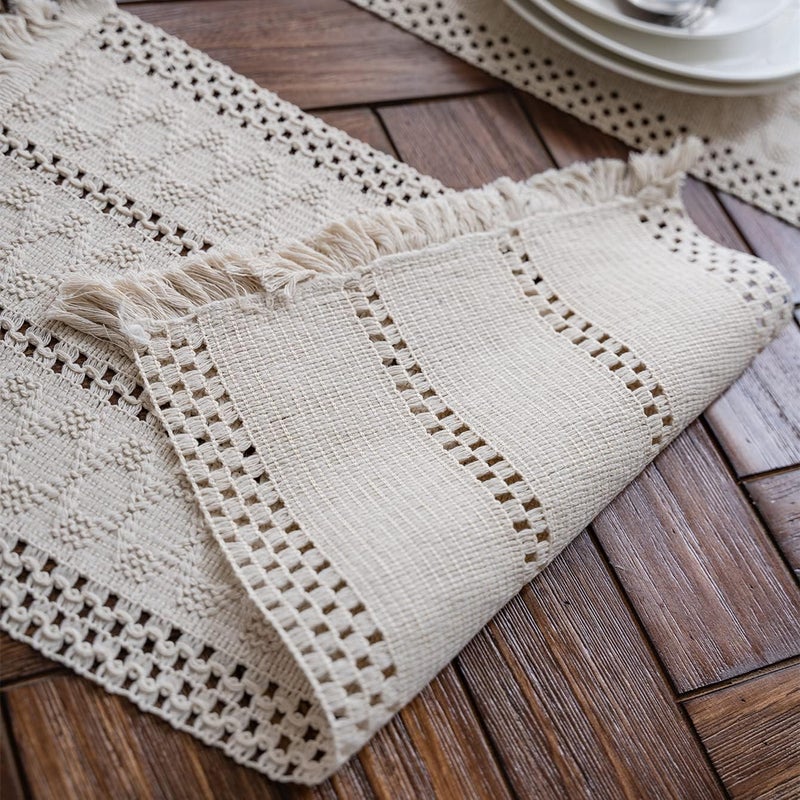 Cream Beige Boho Macrame Table Runner with Tassels, Hand Woven Cotton, 12x71in - Image 4