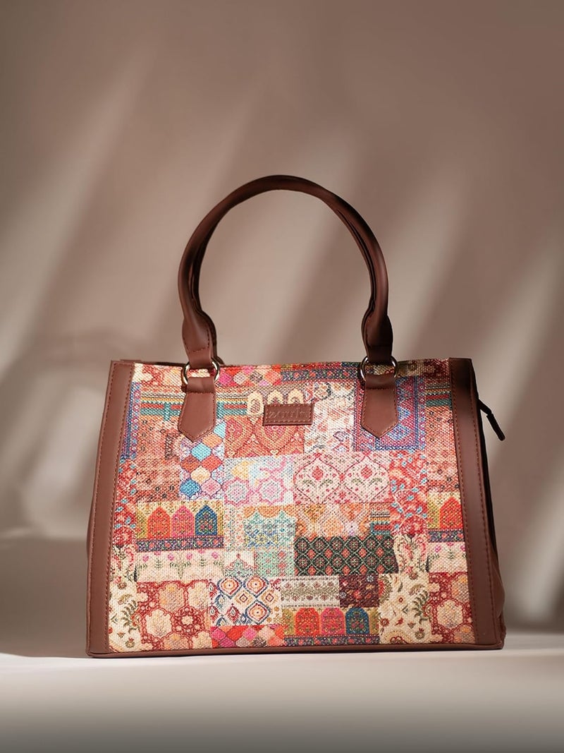 ZOUK Printed Jute Handcrafted Vegan Leather Multicolor Women's Satchel Bag | Ladies Purse Handbag | Double Handle Detachable Strap - Image 3