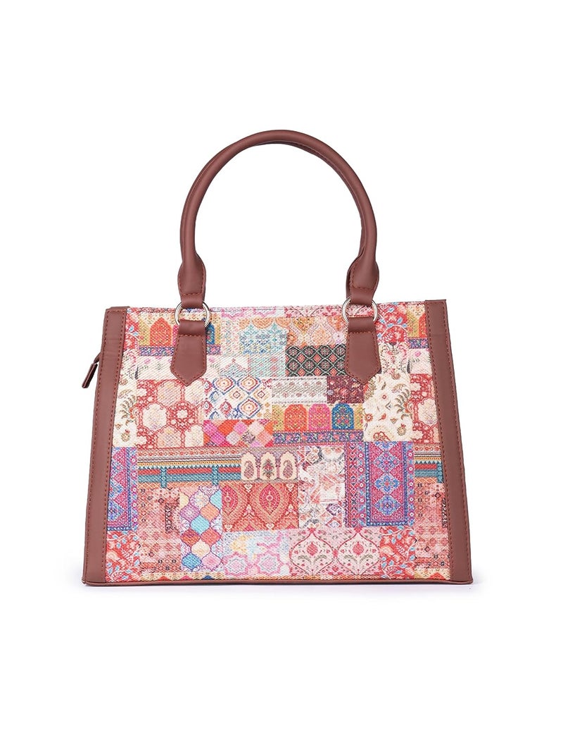 ZOUK Printed Jute Handcrafted Vegan Leather Multicolor Women's Satchel Bag | Ladies Purse Handbag | Double Handle Detachable Strap - Image 5