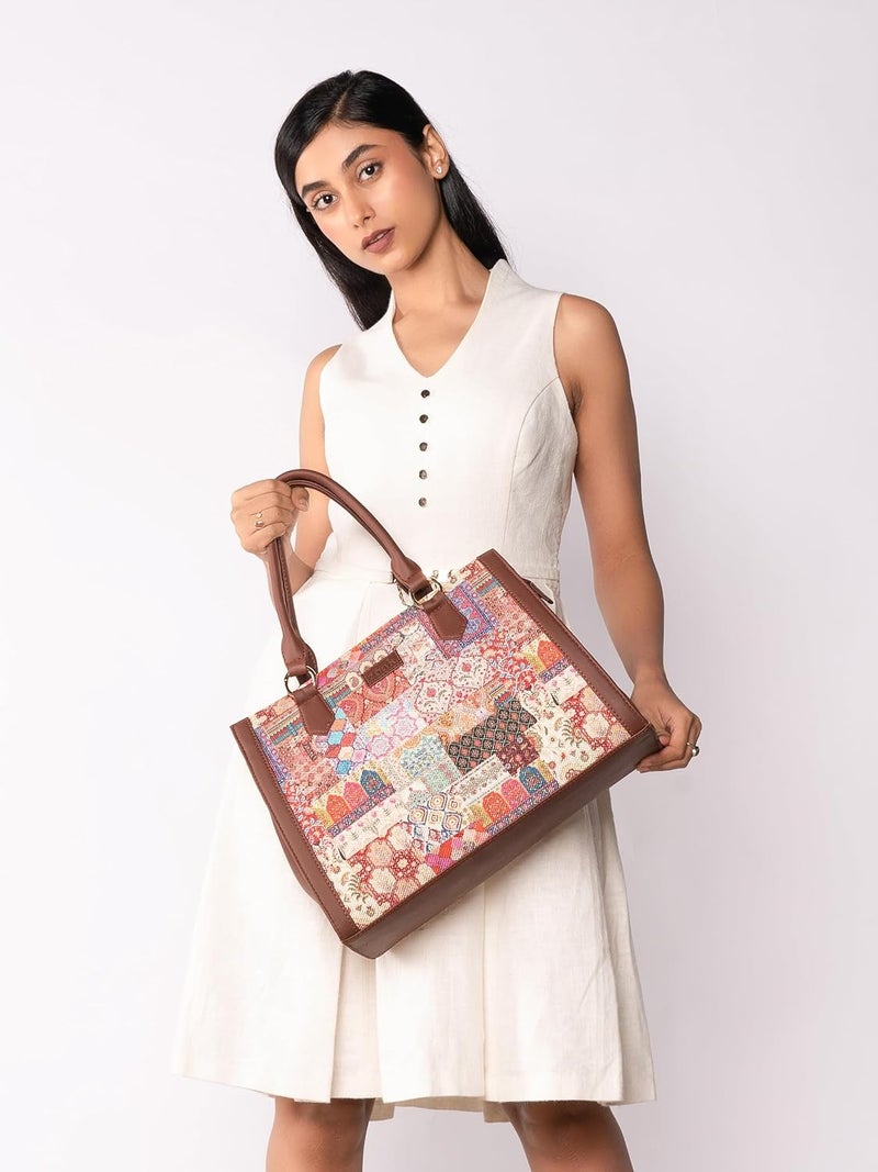 ZOUK Printed Jute Handcrafted Vegan Leather Multicolor Women's Satchel Bag | Ladies Purse Handbag | Double Handle Detachable Strap - Image 2