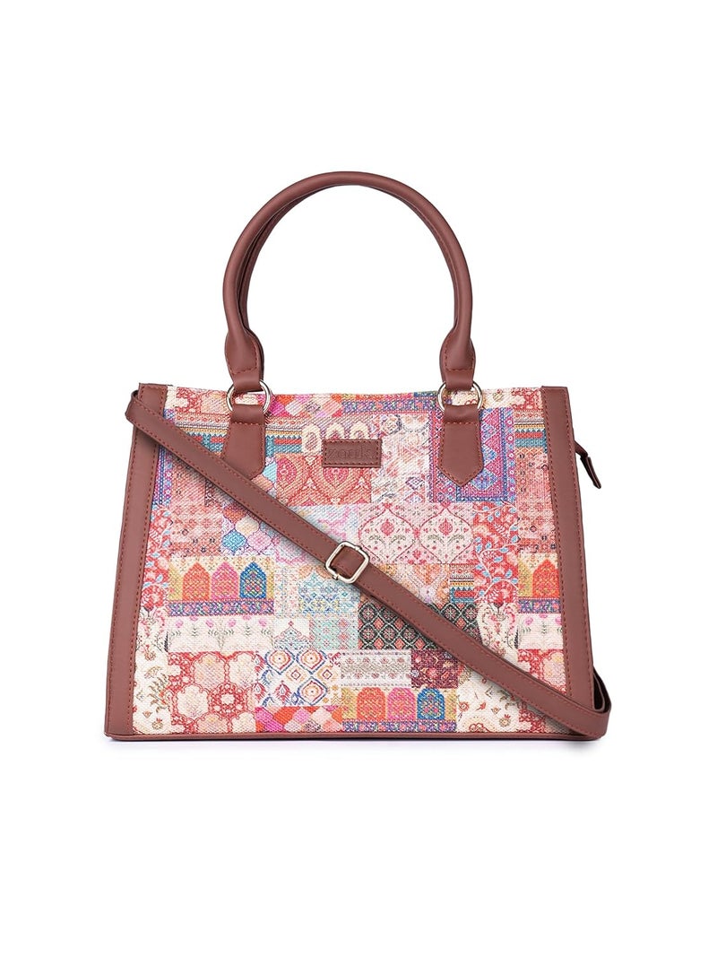 ZOUK Printed Jute Handcrafted Vegan Leather Multicolor Women's Satchel Bag | Ladies Purse Handbag | Double Handle Detachable Strap - Image 1
