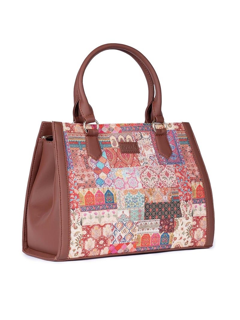 ZOUK Printed Jute Handcrafted Vegan Leather Multicolor Women's Satchel Bag | Ladies Purse Handbag | Double Handle Detachable Strap - Image 4