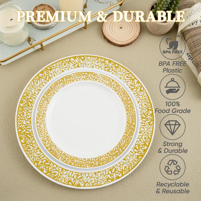 FOCUSLINE Gold Plastic Plates Set of 102  Disposable Plates with Gold Lace 51 Dinner Plate 10.25 Inch & 51 Salad Dessert Appetizer Plate 7.5 Inch  Elegant Fancy Heavy Duty Wedding Party Plates - Image 4