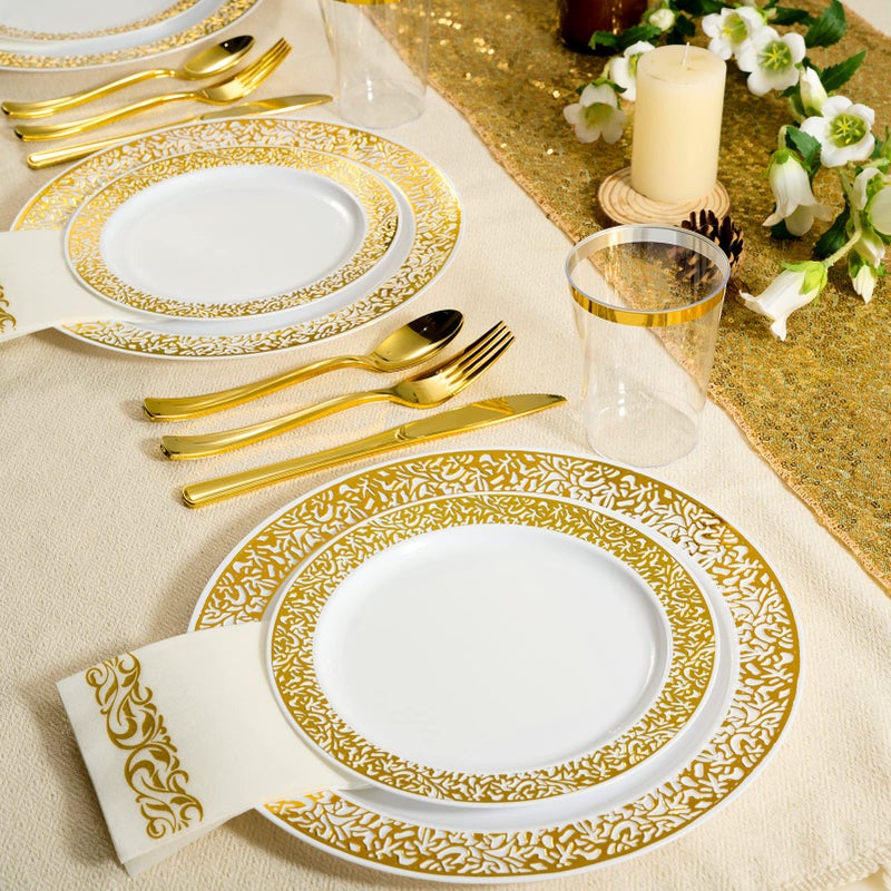 FOCUSLINE Gold Plastic Plates Set of 102  Disposable Plates with Gold Lace 51 Dinner Plate 10.25 Inch & 51 Salad Dessert Appetizer Plate 7.5 Inch  Elegant Fancy Heavy Duty Wedding Party Plates - Image 5