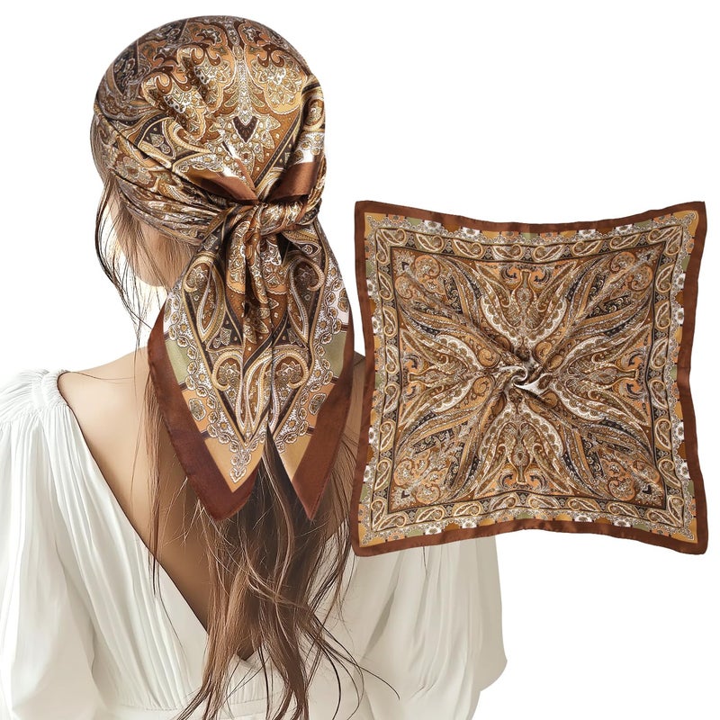 VBAEI 1 Pcs 27.5 Inches Satin Head Scarf Silk Like Hair Scarf Stain Bandana Hair Wrap Neck Scarf for Women(Brown) - Image 1