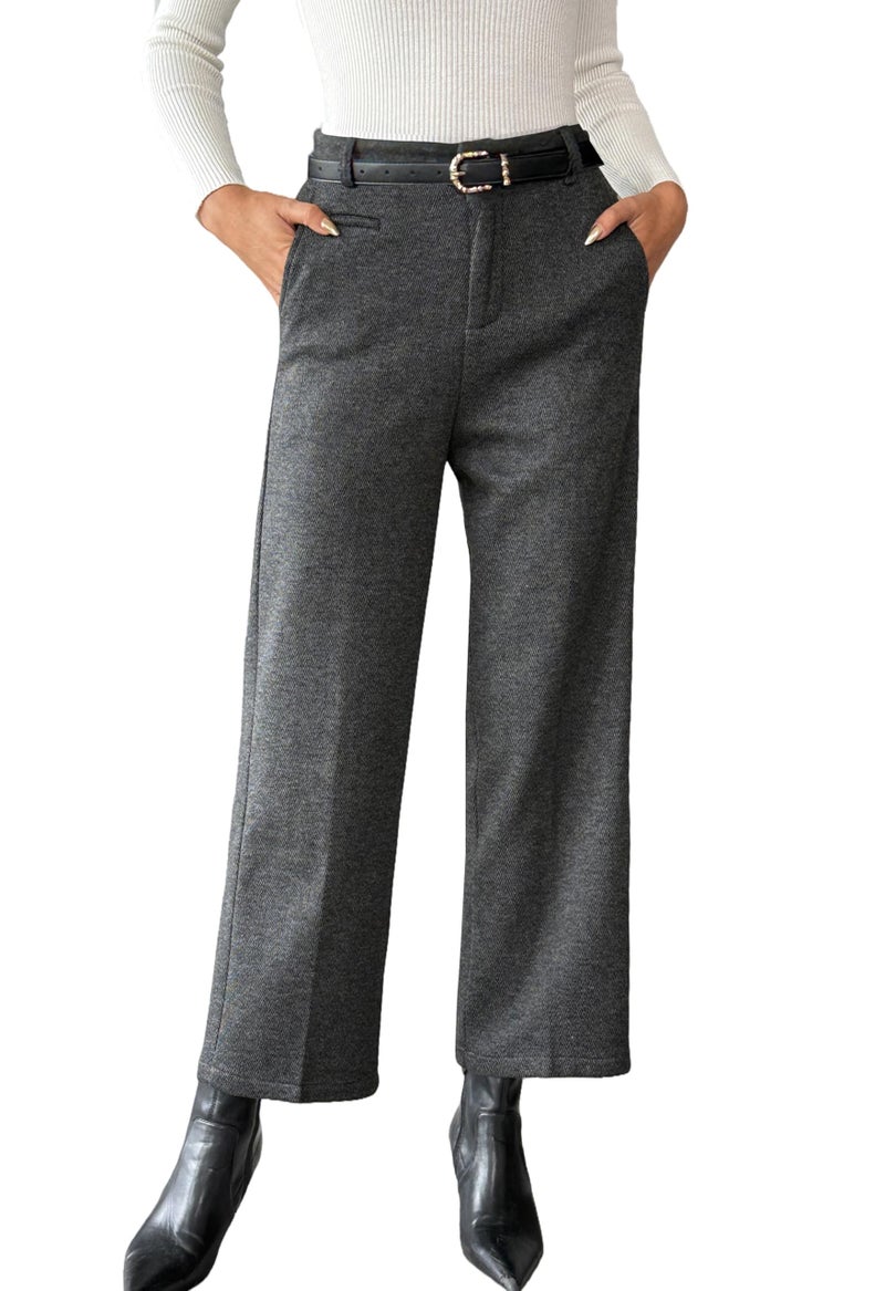 heipeiwa Women's Wool Blend Vintage Tweed Winter Pants Fleece Lined Thermal Wide Leg Crop Dress Casual Pants Darkgrey - Image 1